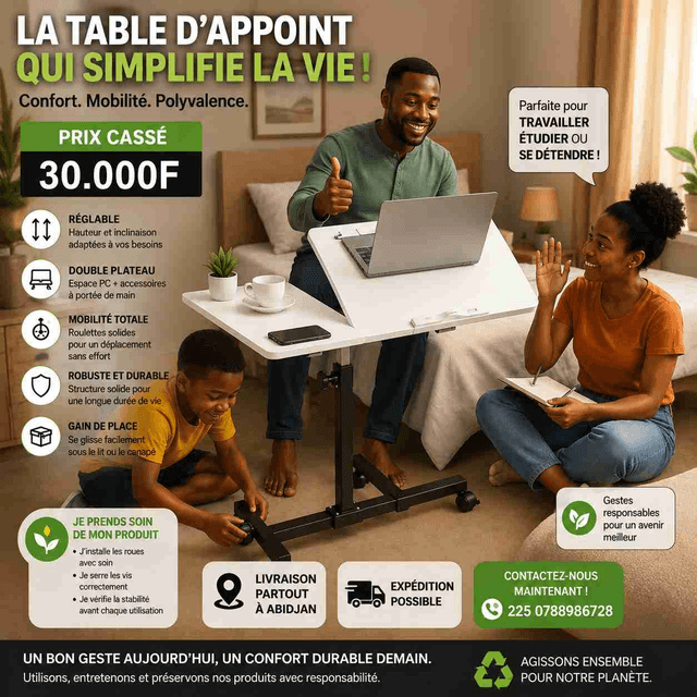 TABLE D’APPOINT EXTENSIBLE À DEUX PLANCHES AVEC ROUES