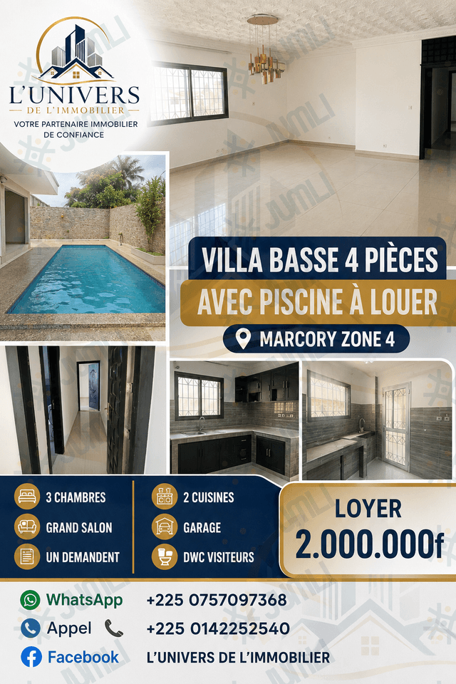 À louer villa basse 4 pièces avec piscine à marcory zone 4