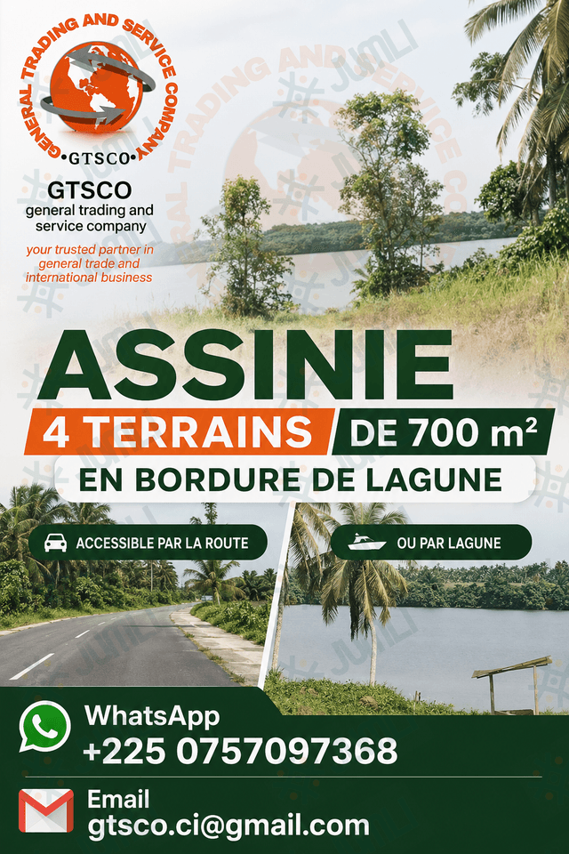 Assinie mafia 4 terrains de 700m² chacun en bordure de lagune avec ACD