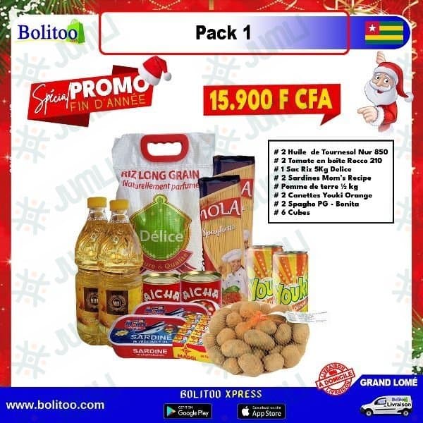 Pack 1: 02 Huile de tournesol Nur 85002 Tomates en boites rocco 21001 Sac riz 5kg Delice02 sardines Mom’s recipePomme de terre 1/2 kg02 Canettes Youki orange02 Spagho PG- bonita06 Cubes
